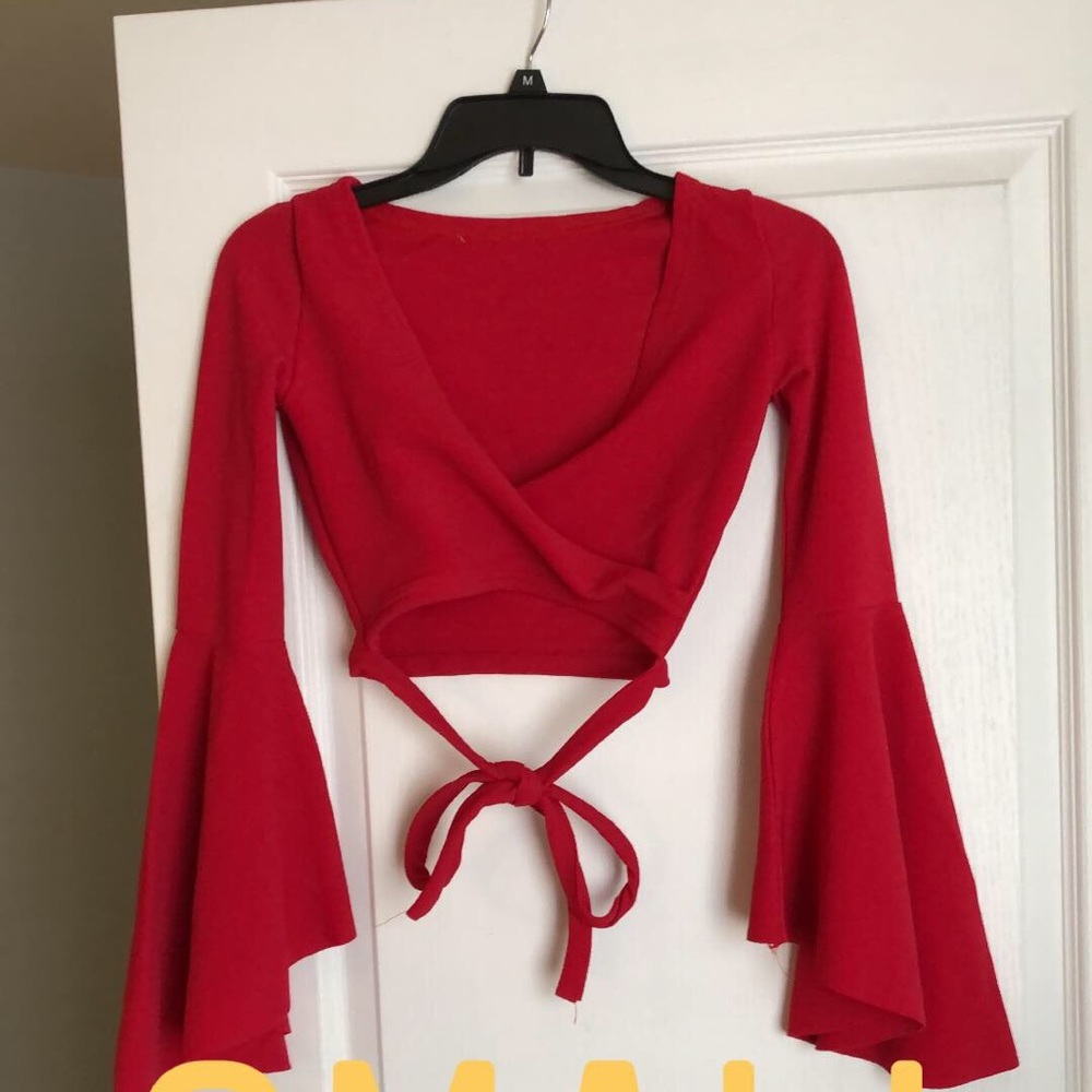 red wrap low cut long sleeve